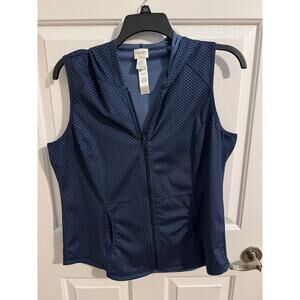 Chico's Zenergy Reversible Zip Hooded Vest Pockets Blue Dots Stripes Size 2 XL